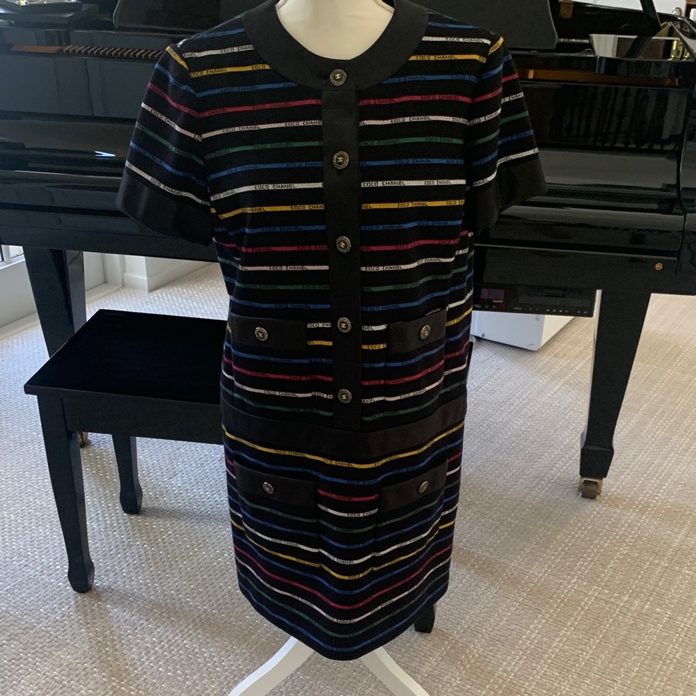 NWT. CHANEL Women’s Black Multicolor Stripe Short-Sleeve Dress. Size 42